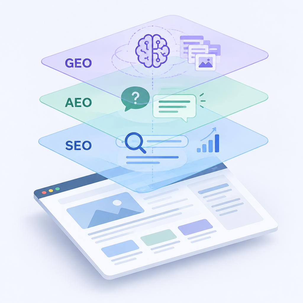 AI 생성 설명 이미지: AEO 최적화 AI SGAEO | SEO·AEO·GEO는 한 웹페이지에서 어떤 역할을 나누나요?