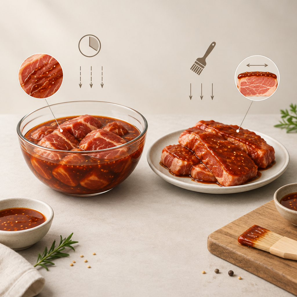 AI 생성 설명 이미지: 안산일동맛집 유니드정육식당 | 양념돼지갈비의 재움과 표면 도포, 맛이 닿는 범위의 차이