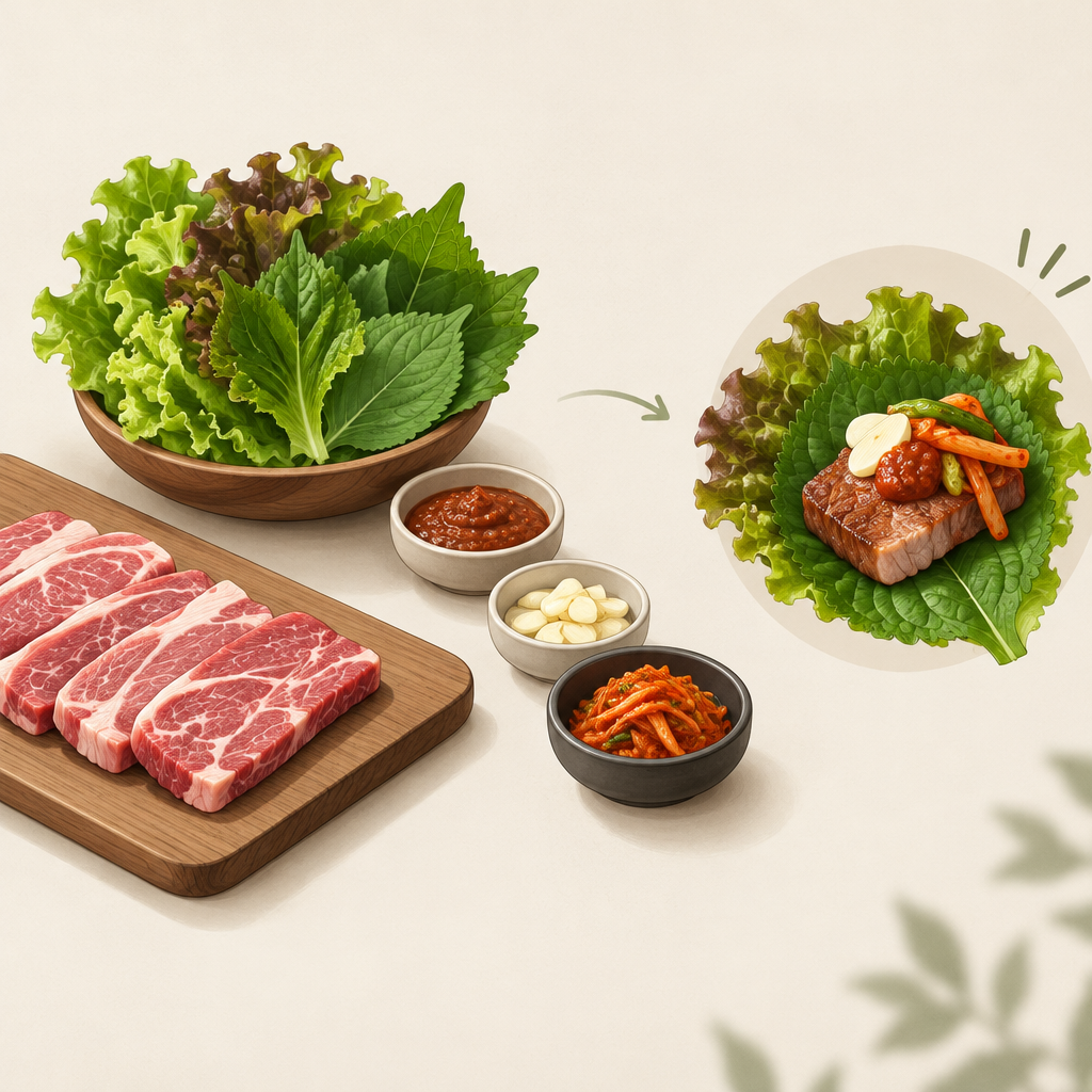 AI 생성 설명 이미지: 안산일동고기집 유니드정육식당 | 쌈과 한 점, 고기 맛을 다르게 느끼는 기준