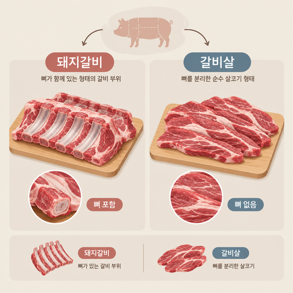 AI 생성 설명 이미지: 안산일동고기집 유니드정육식당 | 돼지갈비와 갈비살, 부위명과 뼈 포함 여부 구분하기